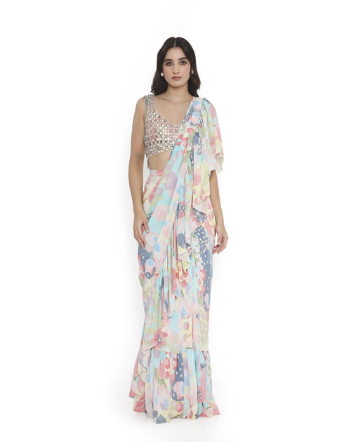 Multi Colour Embroidered Choli With Euphoria Printed Ruffle Saree